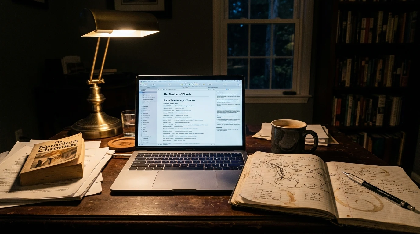 Campfire Write vs World Anvil (2026): In-Depth Novelist & Worldbuilder Comparison 1 Campfire Write vs World Anvil novel worldbuilding software comparison desk (AI Generated Image)